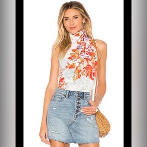 Free People White High-Neck Sleeveless Bodysuit with Orange Floral